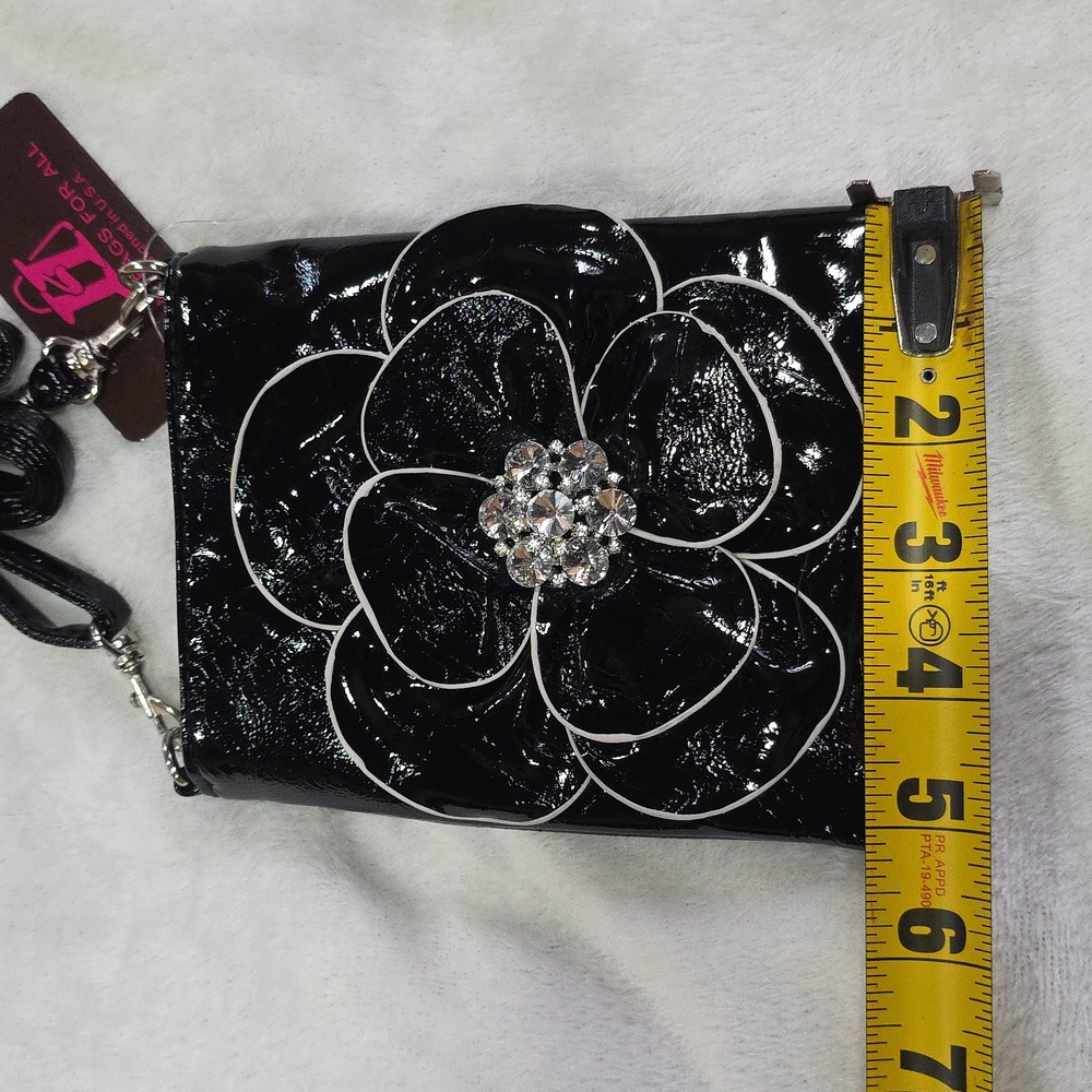 Metallic Black 🌸 Rhinestone Flower Crossbody Bag NWT - Picture 7 of 8